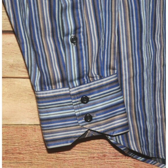 TD Thomas Dean Blue Striped Casual Button Up Shirt Size L Flip Contrast Cuff - Picture 6 of 10